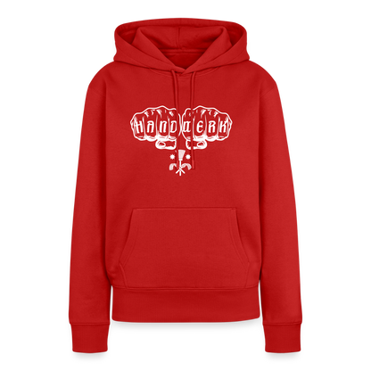 Frauen Premium Hoodie "Schornsteinfeger" von Spreadconnect, bequemer schwarzer Pullover mit Schornsteinfeger-Design auf der Vorderseite