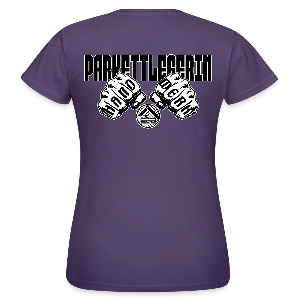 Frauen T-Shirt "Parkettlegerin" (beidseitig bedruckt) Dunkellila Frauen T-Shirt
