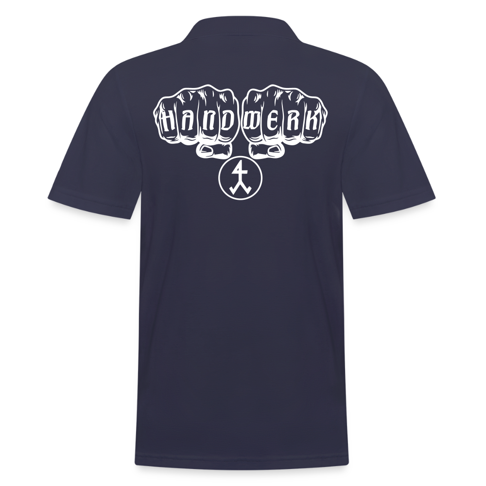 Männer Poloshirt "Steinmetz" (hinten bedruckt) Navy Männer Poloshirt