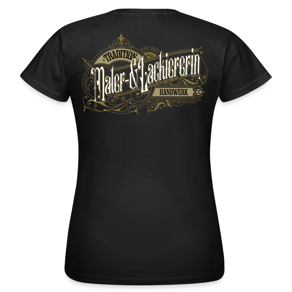 Frauen T-Shirt "Maler-&Lackiererin" von Spreadconnect mit nostalgischem Design, weiße Baumwollqualität, passgenau und bequem.