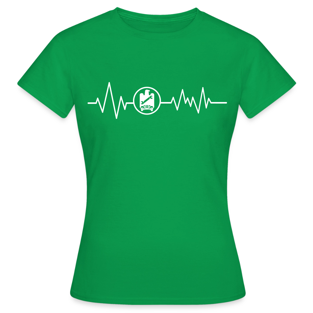 Frauen T-Shirt von Spreadconnect mit Kfz-Mechaniker-Heartbeat-Design, bequemes schwarzes T-Shirt mit Fahrzeugmotiven und Herzschlag-Print.