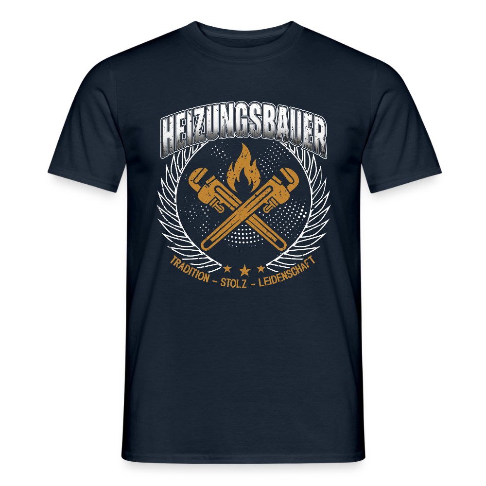 Unisex Heizungsbauer T-Shirt von Spreadconnect, traditionelles Männer T-Shirt mit gedrucktem Design auf weißem Stoff.