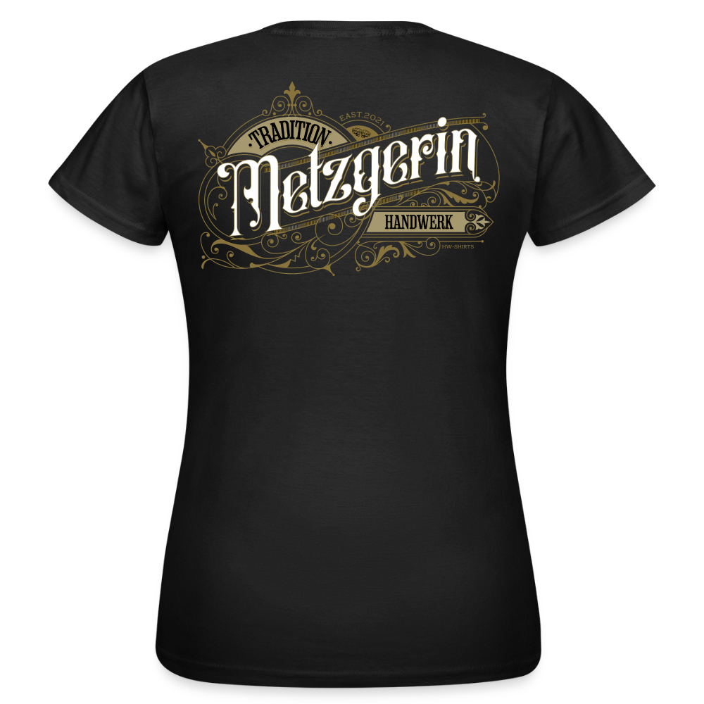 Weißes Frauen T-Shirt "Metzgerin" von Spreadconnect mit nostalgischem Druck, entspannte Passform, Frontansicht.