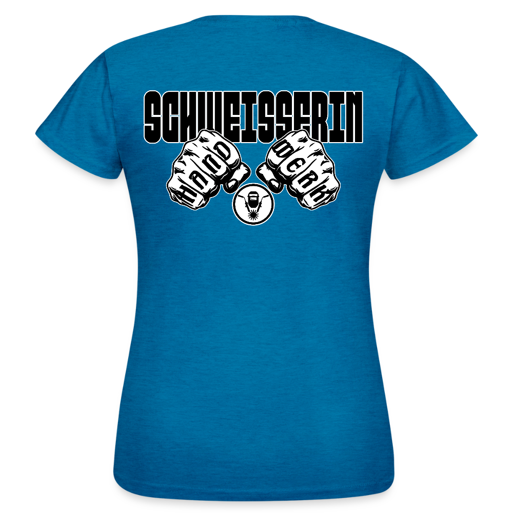 Frauen T-Shirt "Schweisserin" (beidseitig bedruckt) Antikblaues Saphir meliert Frauen T-Shirt