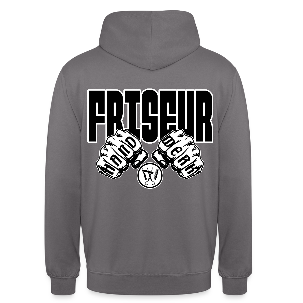 Unisex Hoodie "Friseur" (beidseitig bedruckt) Mittelgrau Unisex Hoodie