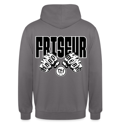 Unisex Hoodie "Friseur" (beidseitig bedruckt) Mittelgrau Unisex Hoodie