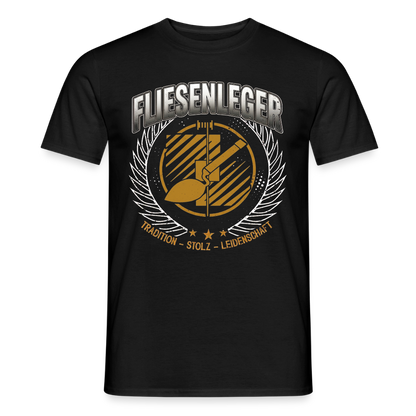 Unisex Männer T-Shirt mit Tradition-Design, zeigt Fliesenleger-Motiv in schwarzer Farbe, von Spreadconnect, auf der Vorderseite.