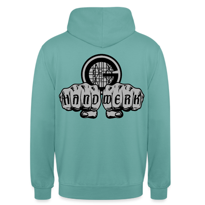 Unisex  Hoodie "Gerüstbauer" beidseitig bedruckt - Pastelltürkis
