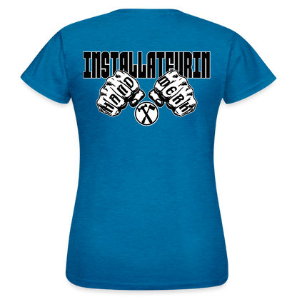 Frauen T-Shirt "Installateurin" (beidseitig bedruckt) Antikblaues Saphir meliert Frauen T-Shirt