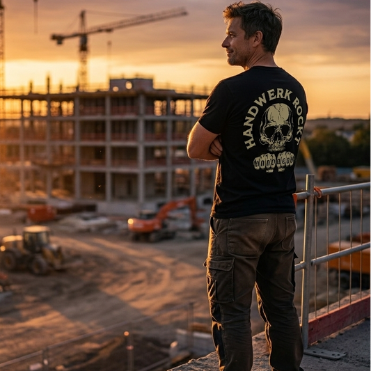 Beidseitig bedrucktes Unisex T-Shirt "Handwerk-Rockt" von Spreadconnect, zeigt handwerkliche Motive auf weißem Baumwollshirt
