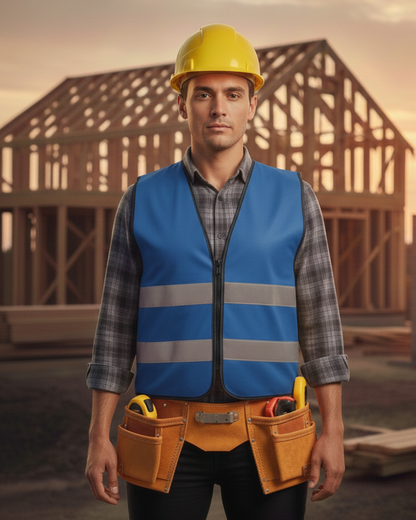 Warnweste mit Reißverschluss und Reflektoren mit Bedruckung Blau {{ color }}