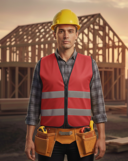 Warnweste mit Reißverschluss und Reflektoren mit Bedruckung Rot {{ color }}