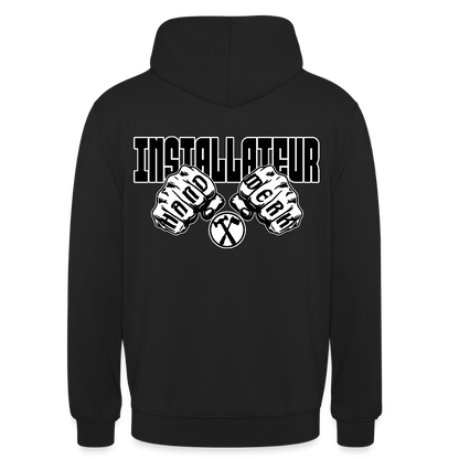 Unisex Hoodie "Installateur" (beidseitig bedruckt) Schwarz Unisex Hoodie {{ color }}