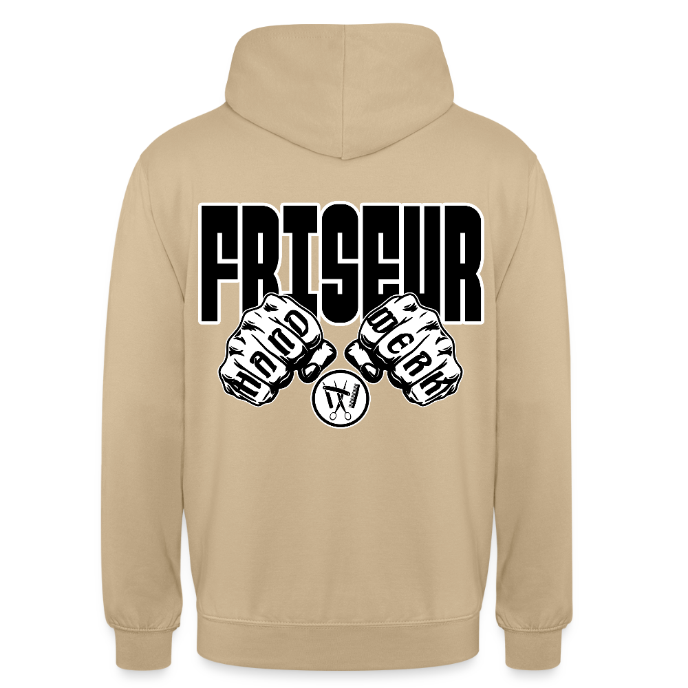 Unisex Hoodie "Friseur" (beidseitig bedruckt) Beige Unisex Hoodie {{ color }}