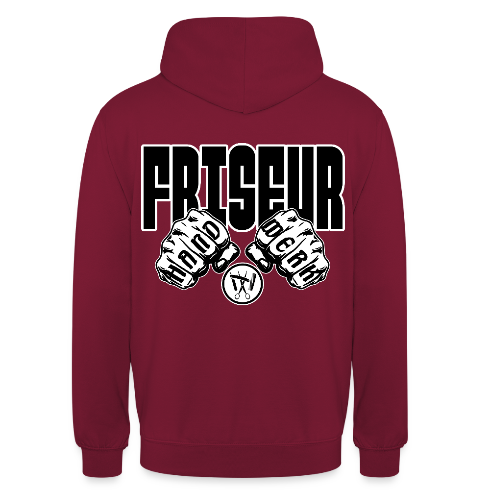 Unisex Hoodie "Friseur" (beidseitig bedruckt) Bordeaux Unisex Hoodie {{ color }}