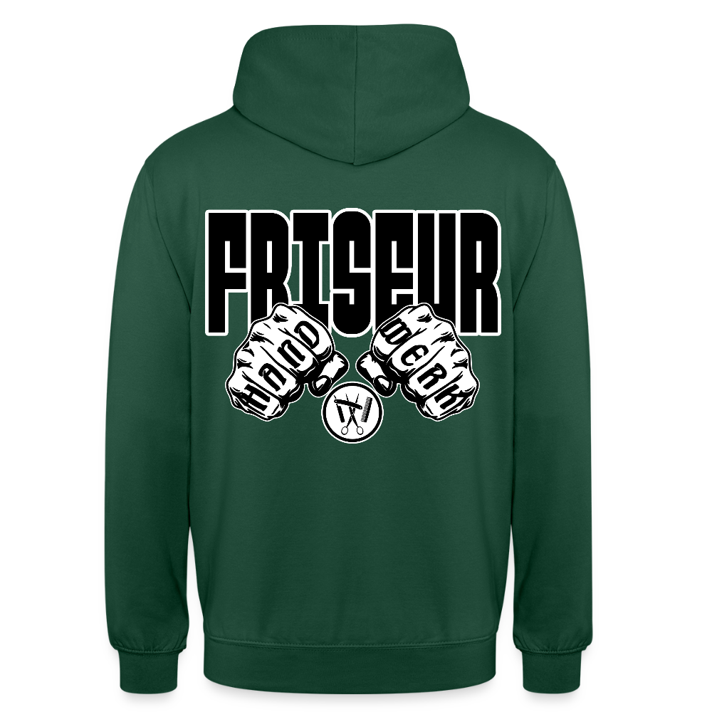 Unisex Hoodie "Friseur" (beidseitig bedruckt) Flaschengrün Unisex Hoodie {{ color }}