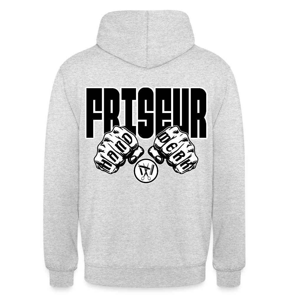 Unisex Hoodie "Friseur" (beidseitig bedruckt) Hellgrau meliert Unisex Hoodie {{ color }}