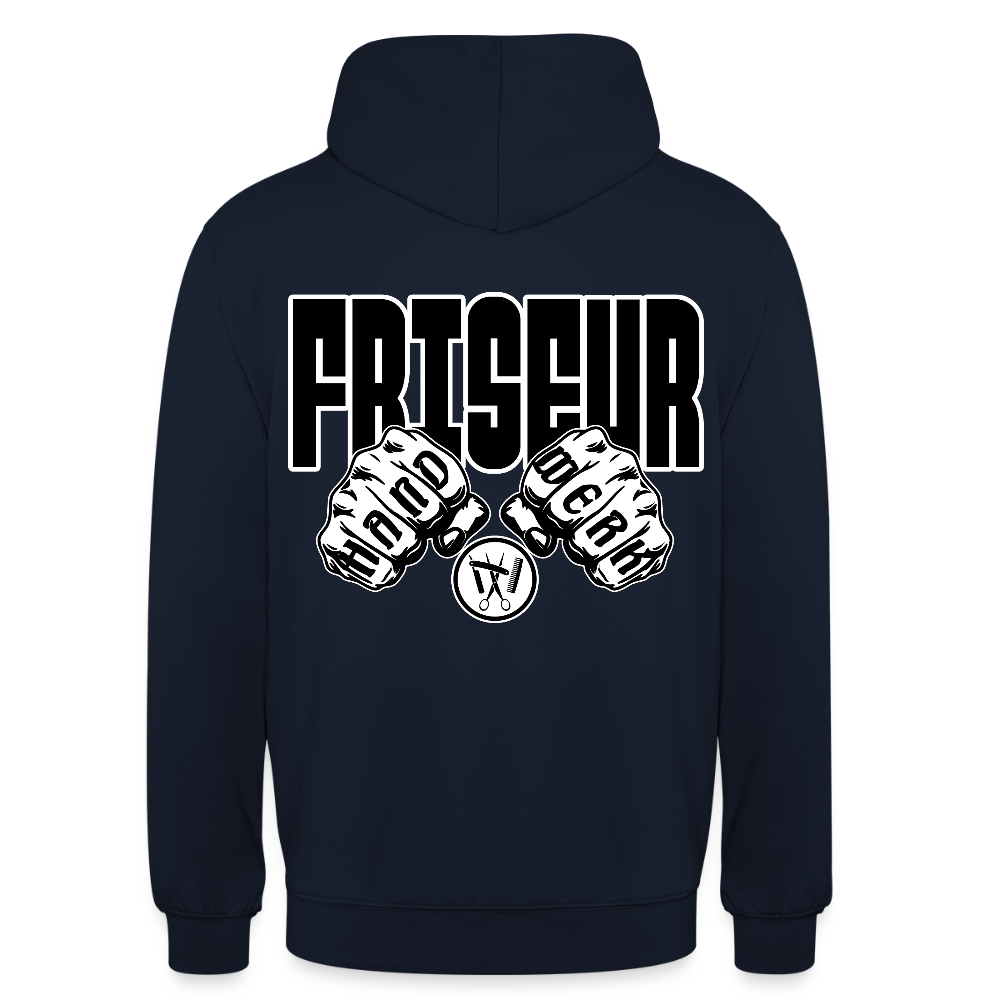 Unisex Hoodie "Friseur" (beidseitig bedruckt) Navy Unisex Hoodie {{ color }}