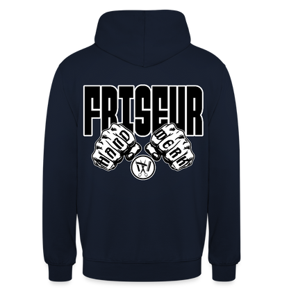 Unisex Hoodie "Friseur" (beidseitig bedruckt) Navy Unisex Hoodie {{ color }}