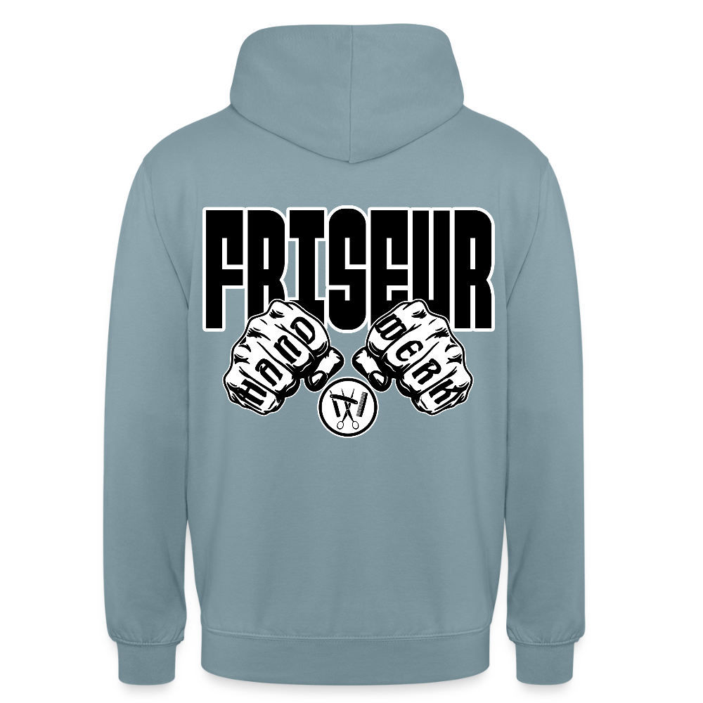 Unisex Hoodie "Friseur" (beidseitig bedruckt) Nebelblau Unisex Hoodie {{ color }}