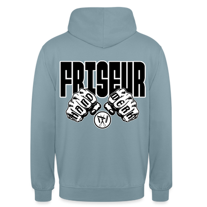 Unisex Hoodie "Friseur" (beidseitig bedruckt) Nebelblau Unisex Hoodie {{ color }}