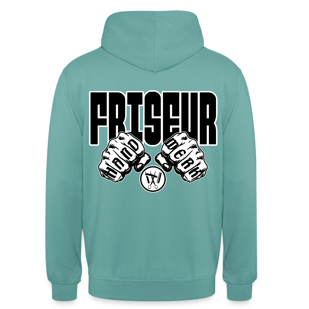 Unisex Hoodie "Friseur" (beidseitig bedruckt) Pastelltürkis Unisex Hoodie {{ color }}