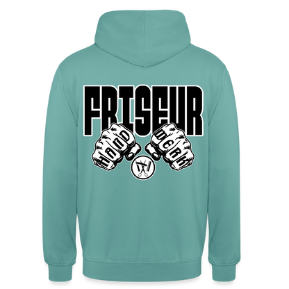 Unisex Hoodie "Friseur" (beidseitig bedruckt) Pastelltürkis Unisex Hoodie {{ color }}