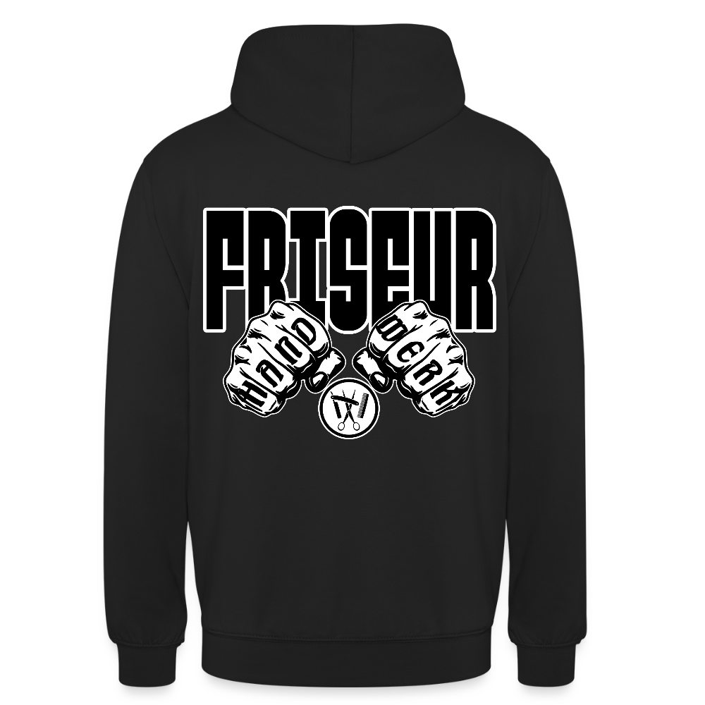 Unisex Hoodie "Friseur" (beidseitig bedruckt) Schwarz Unisex Hoodie {{ color }}