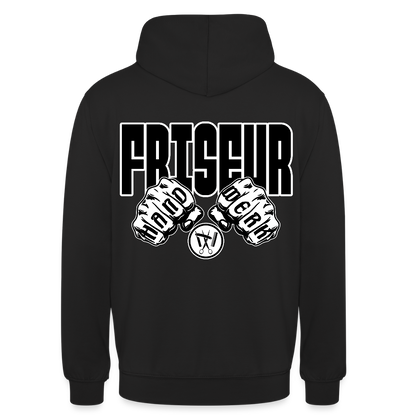 Unisex Hoodie "Friseur" (beidseitig bedruckt) Schwarz Unisex Hoodie {{ color }}