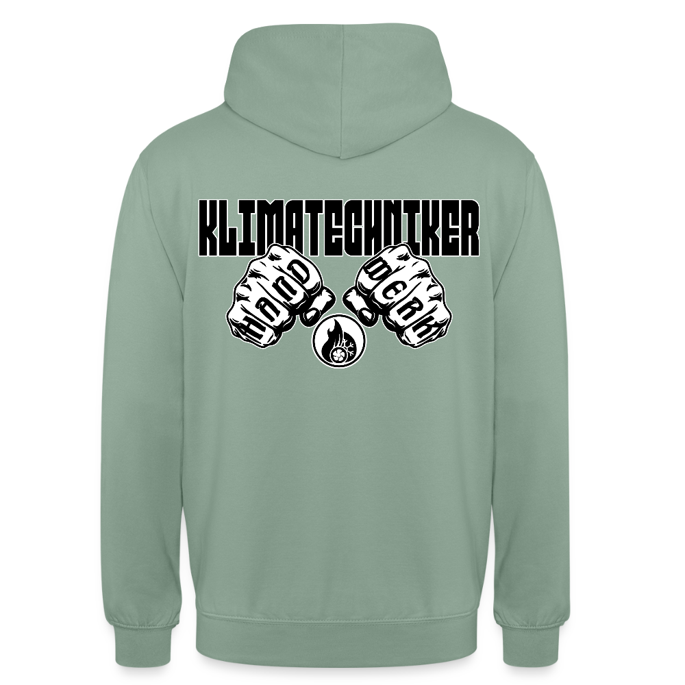 Unisex Hoodie "Klimatechniker" (beidseitig bedruckt) Graugrün Unisex Hoodie {{ color }}