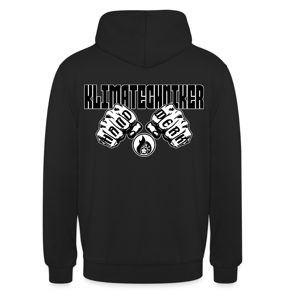 Unisex Hoodie "Klimatechniker" (beidseitig bedruckt) Schwarz Unisex Hoodie {{ color }}