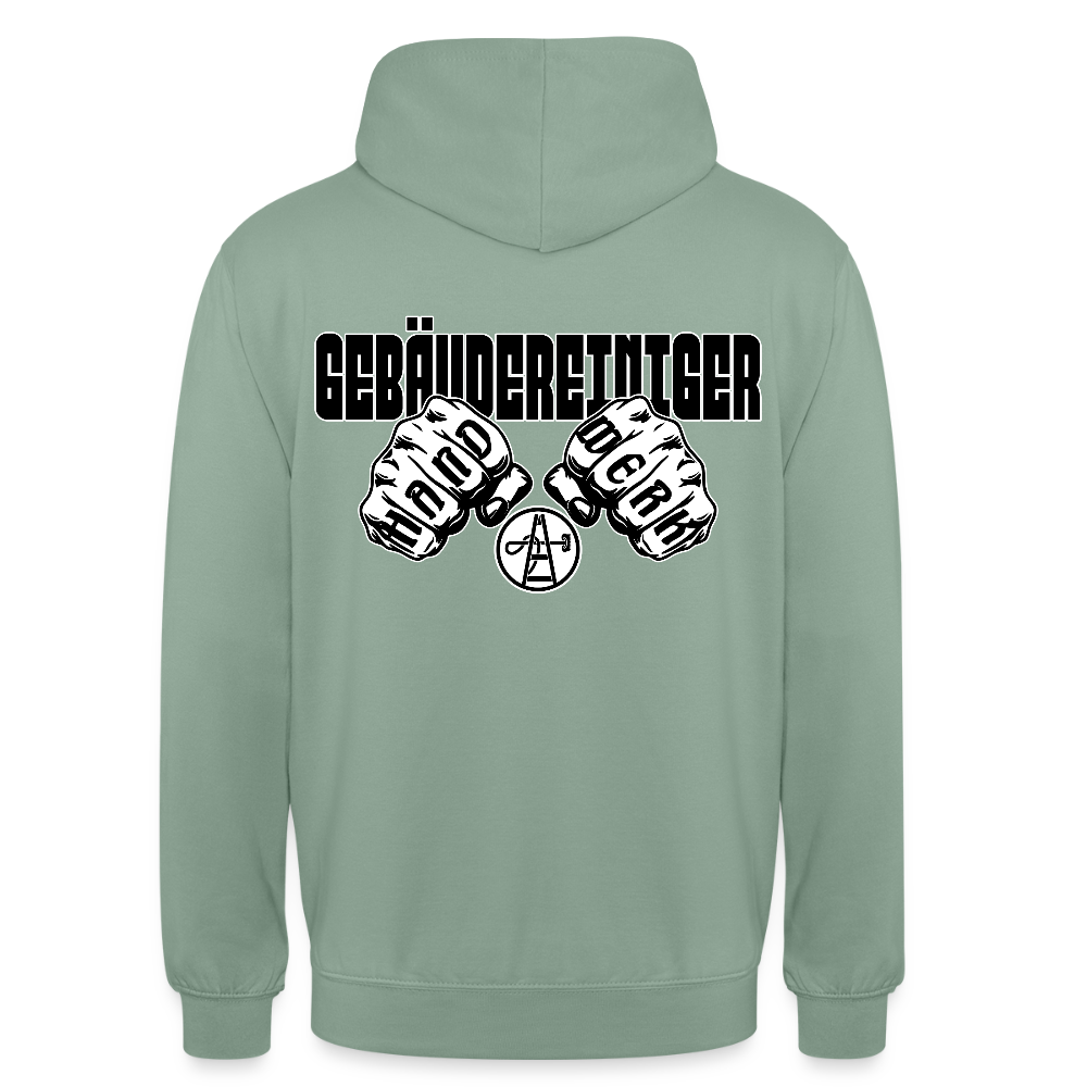 Unisex Hoodie "Gebäudereiniger" (beidseitig bedruckt) Graugrün Unisex Hoodie {{ color }}