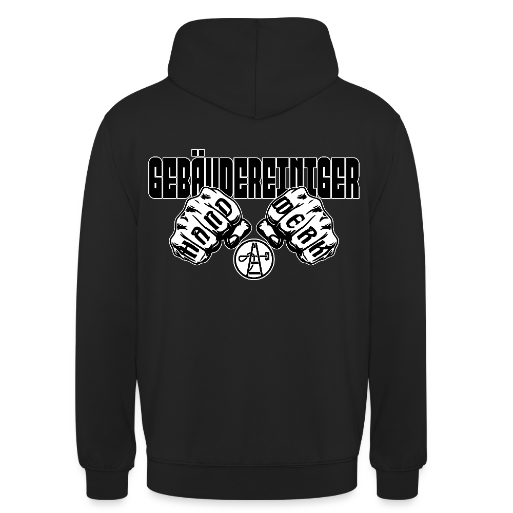 Unisex Hoodie "Gebäudereiniger" (beidseitig bedruckt) Schwarz Unisex Hoodie {{ color }}