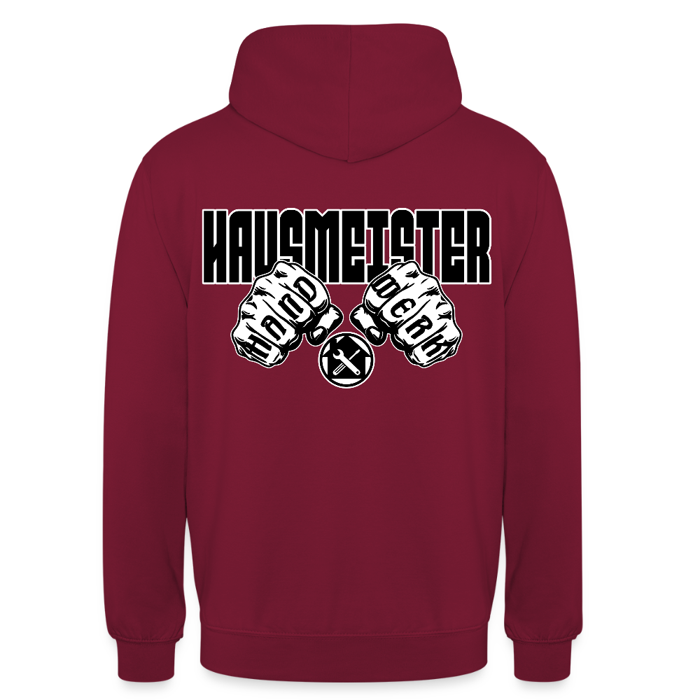 Unisex Hoodie "Hausmeister" (beidseitig bedruckt) Bordeaux Unisex Hoodie {{ color }}