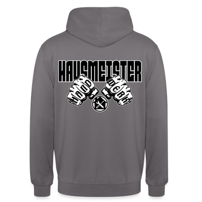 Unisex Hoodie "Hausmeister" (beidseitig bedruckt) Mittelgrau Unisex Hoodie {{ color }}