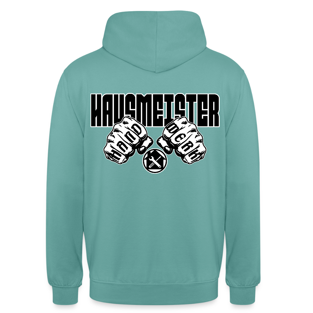Unisex Hoodie "Hausmeister" (beidseitig bedruckt) Pastelltürkis Unisex Hoodie {{ color }}