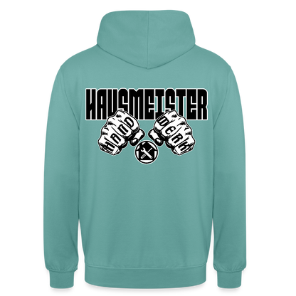 Unisex Hoodie "Hausmeister" (beidseitig bedruckt) Pastelltürkis Unisex Hoodie {{ color }}