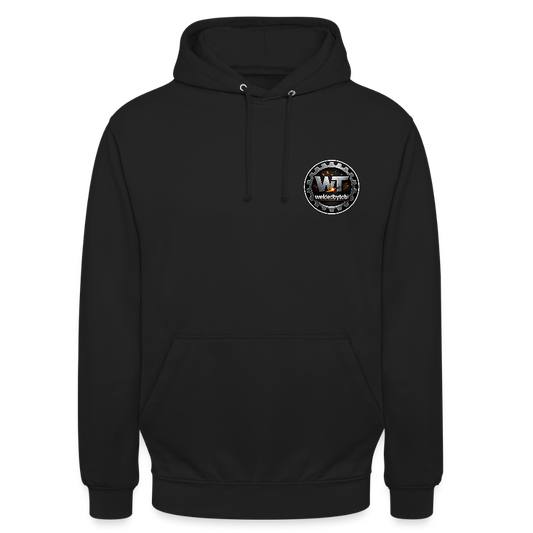 Schwarzer Unisex-Hoodie von Spreadconnect mit WeldedByTobi-Design, bequem und modisch für Männer und Frauen.